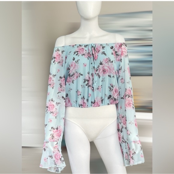 PEACH LOVE CALIFORNIA floral print bodysuit sheer bell sleeve size Large - Picture 14 of 16